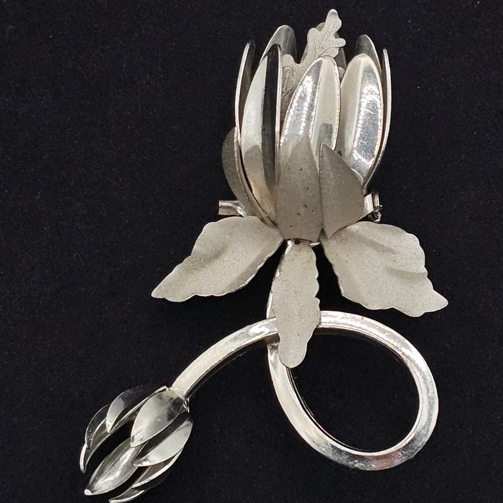 Vtg Floral Statement Brooch 3" Silver Tone 3D Layered Dimensional Articulated